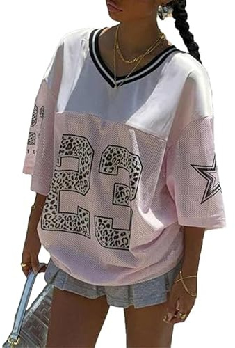 SANSIWU Damen Shirts, Y2K, übergroße Zahlen-Grafik, V-Ausschnitt, kurzärmelig, Trikot-T-Shirt, Vintage, 90er-Jahre-Streetwear