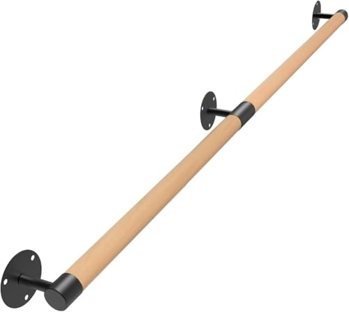 Purife 4 FT Wall Mount Wood Handrails for Indoor Stairs- Metal Support Wooden Staircase Handrails, Interior Stair Railings, Banister Hand Railing, Outdoor Grab Bars Safety Handle for Elderly