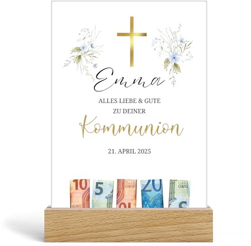 Kiddle-Design Kommunion Junge Mädchen Kommunionsgeschenk Personalisiert Geldgeschenk Glückwunsch Gratulation Geschenk zur Erstkommunion, Acrylglas inkl. Holzfuß 20x13cm