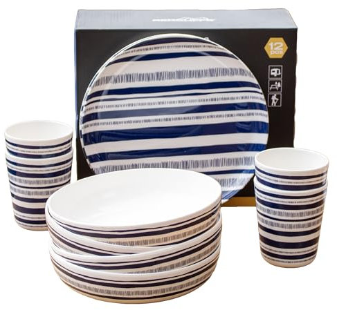 12 Piece Blue Striped Melamine Dinner Set Outdoor Dining Camping BBQ Tableware