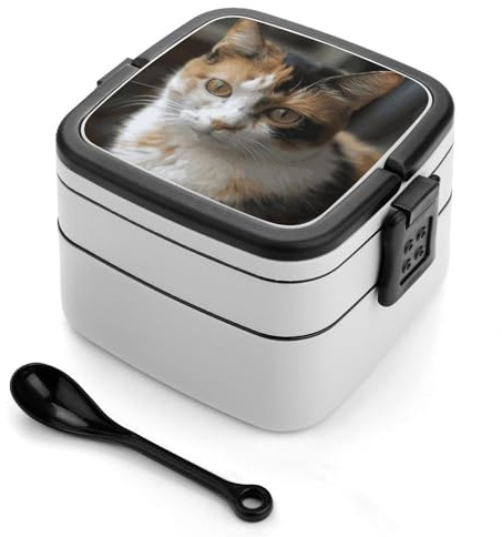 GHENBLT A Cat Bento Box - Lonchera apilable de 2 capas para adultos, reutilizable, a prueba de fugas, para viajes, 33 onzas con cuchara, cajas bento portátiles, aptas para microondas y lavavajillas