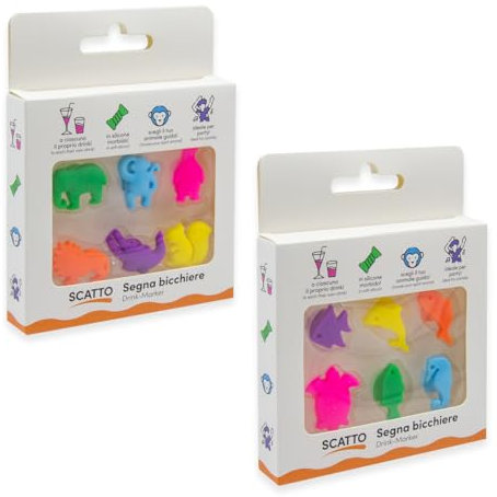 SCATTO ENERGIA CREATIVA | Set 12 Segna Bicchieri in Silicone con Ventosa – Design Animali – Colori Allegri – Riutilizzabili e Originali