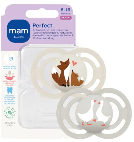 MAM Perfect Schnuller, 6-16 Monate, Füchse/Gänse, 2 Stück | Beugt Zahnfehlstellungen vor, SkinSoft Silikon, hautfreundlich dank Luftlöcher, inkl. Sterilisierbox