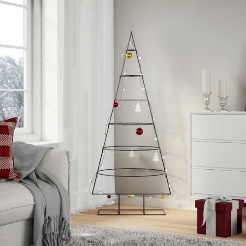 Albero di Natale in metallo, nero, 150 cm, in acciaio verniciato a polvere, decorazione fai da te, 6 livelli, salvaspazio, robusto, design moderno per interni ed esterni protetti