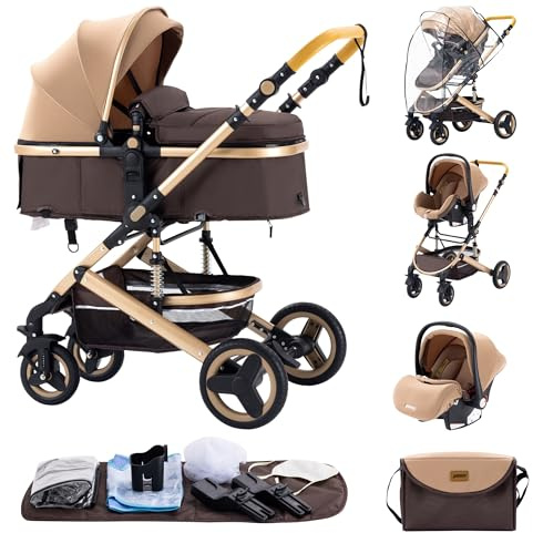 ALYIKOU 3-in-1 Prams Travel System, Shock Absorption Baby pram,0-4 Years, Up to 22 kg, Foldable, Compact and Reclining Baby Pushchair, with Nursery Bag, Black (530 Khaki)