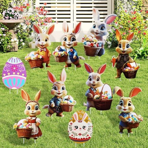 10 Stück Osterhasen & Ostereier Gartenstecker für Frühlingsdeko, groß Osterdeko Outdoor, 2D Ostern Hof Rasen Schild mit beidseitigem Druck, Gartendeko für Draußen Wetterfest