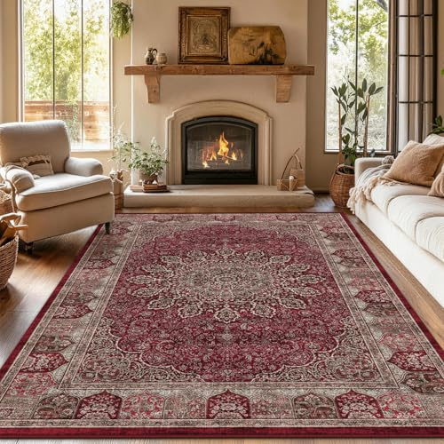 BYBSRLL Groß Vintage Teppich Wohnzimmer 160x230 cm - Weicher, Waschbarer & Rutschfester Kurzflor Teppiche, Orient Teppich Gegend für Esszimmer, Schlafzimmer, Kinderzimmer und Homeoffice, Alt-Rot