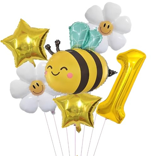 NOPVUFA Ballonger tusensköna bi på födelsedagen i guld med nummer 1, ballonger med nummer 1, baby-födelsedagsballonger, stjärnballonger, tårtdekorationer för barn, flickor, pojkar