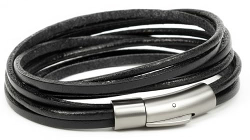Leporem Men's Genuine Black Leather Wrap Bracelet - Multi Layer Double Strand Cuff with Stainless Steel Clasp, Cool Masculine Wristband, Urban Street Style Jewelry Gift for Him, Fits 6.7-7.1 Inch (Black, 16.1, Inches)