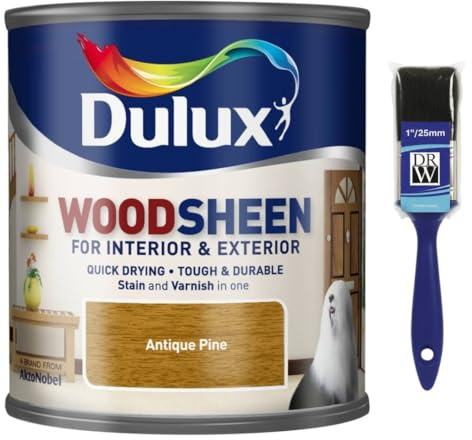 Woodsheen Stain and Varnish 250ml Antique Pine +1 Brush | Interior Wood Stain and Varnish | Satin Finish for Doors Skirting Furniture and Trim | Quick Dry Wood Protection