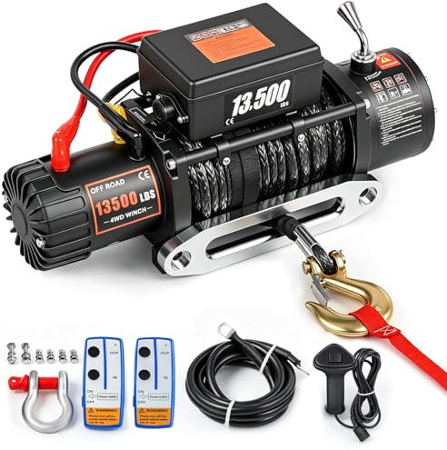 Elektrische 12V Seilwinde 13500 lb/6123 kg 24m x 9.5mm Synthetikseil, IP68 Motorwinde 2 drahtlosen Fernbedienungen, für Anhänger, Geländefahrzeuge, 4x4-Fahrzeuge, UTV- und ATV-Abschlepp