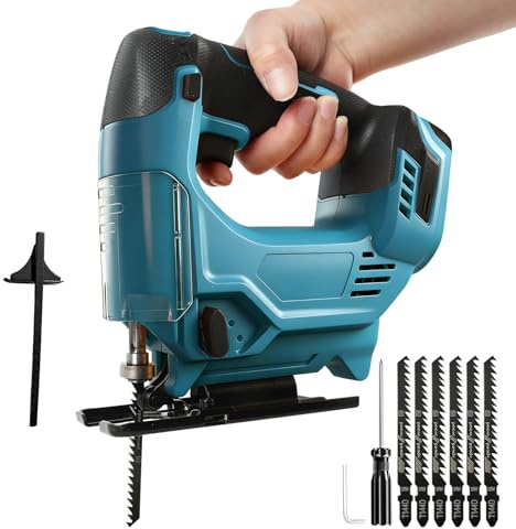 Sierra de calar con batería para Makita de 18 V, sierra excéntrica eléctrica sin escobillas, 4 niveles de elevación de péndulo, ángulo de corte de inglete de ±45°, 6 hojas de sierra de vástago en T