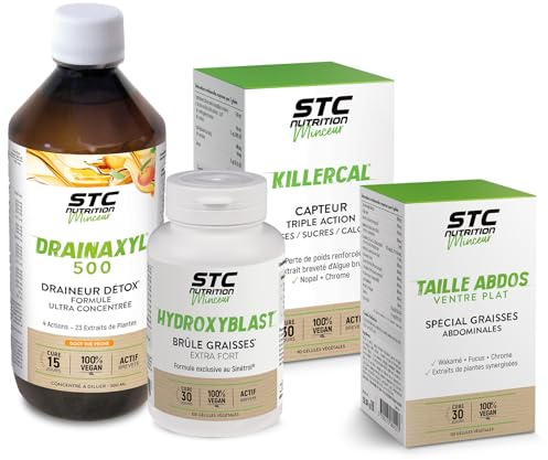 STC NUTRITION - Pack Contrôle du poids - Complément alimentaire - Drainaxyl® 500 Thé Pêche + Hydroxyblast® + Killercal + Taille Abdos Ventre Plat + - Elimination & Drainage - Brûle graisses extra-fort