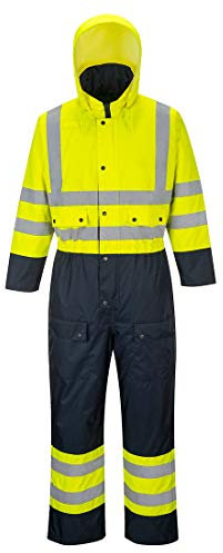 Portwest S485 Men's Hi Vis Winter Work Coveralls Waterproof 300D Polyester Protective Boiler Suit Durable Overalls Thermal Lined Workwear Rain Suit, Yellow/Navy, 6X-Large