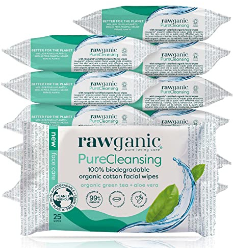 RAWGANIC Pure Cleansing Refreshing Facial Wipes with Aloe Vera and Green Tea | Gentle Soothing Biodegradable Makeup Removal Organic Cotton Wipes | 12 Packs (300 wipes in total)