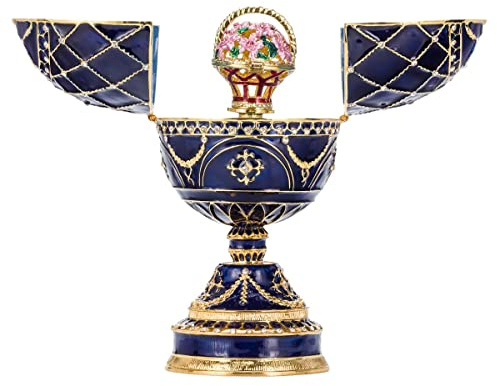 danila-souvenirs Fabergé-Stil Ei Spieluhr Schmuckkästchen mit Korb der Blumen 17 cm blau