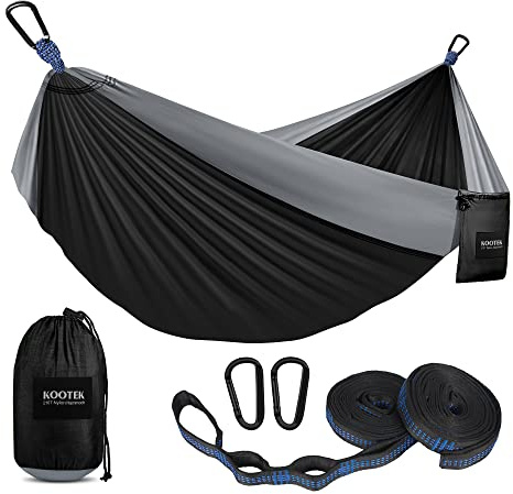 Kootek Camping-Hängematte Doppel- & Einzelbett-tragbare Hängematten mit 2 Baumgurten, leichte Nylon-Fallschirm-Hängematten für Rucksackreisen, Reisen, Strand, Wandern (Schwarz & Grau, Medium)