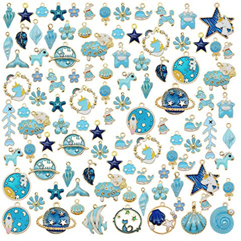 Julie Wang 20 Pieces Blue Enamel Paint Charms Mixed Metal Gold Plated Pendants for Earrings Bracelets Necklaces Jewellery Making Crafts DIY Findings 2-3cm