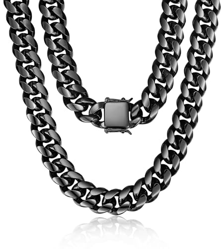 ROWIN&CO Collier Homme Chaîne Cubaine Noire 15mm Grosse Maille Acier Inoxydable 316L Lourd Collier Noir Épais pour Homme/Femme (18-35) - Cadeau avec Boîte