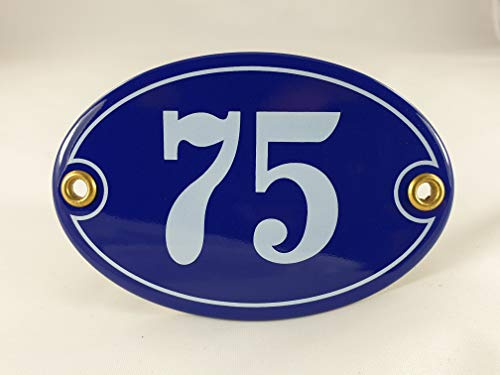 Emaille Hausnummer Schild Nr. 75, oval, Blau-Weiß Handarbeit
