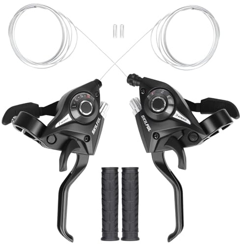 ZUKKA Leva del freno per bicicletta a 21 velocità, 3 x 7 velocità, con indicatore del cambio e cavo del freno a V, sinistra e destra, per mountain bike, triciclo con impugnature (coppia)