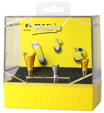 FAMAG Set di frese per denti | 3 pezzi: 12,7 x 12,7 mm, 14,3 x 12,7 mm e 22 x 22 mm, per scanalature di collegamento e scanalature, 2 tagli HM con angolo di 14° | scatola di plastica | 3104.903