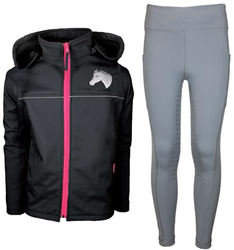 MS-Trachten Kinder Reitset Eva Softshell Reitjacke schwarz mit Silikon-Vollbesatz Reitleggings Grau (134/140)