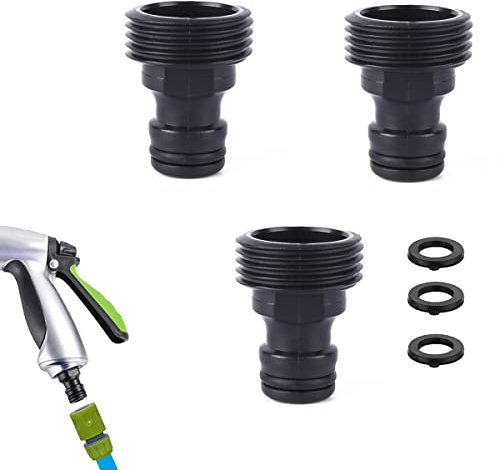 (G 3/4) Zoll Garten Schlauchanschluss, 3 Stück Wasserhahn Anschluss Set, Schwarzer Dichtendes Außengewinde Adapter mit 3 Stück Unterlegscheiben, Schnellkupplung für Wasserpistolen Schlauchanschluss