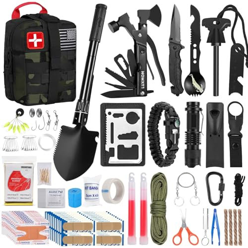 Kit de supervivencia de emergencia y kit de primeros auxilios, equipo de supervivencia profesional con bolsa Molle, para hombres, camping, aventura al aire libre (camuflaje negro)