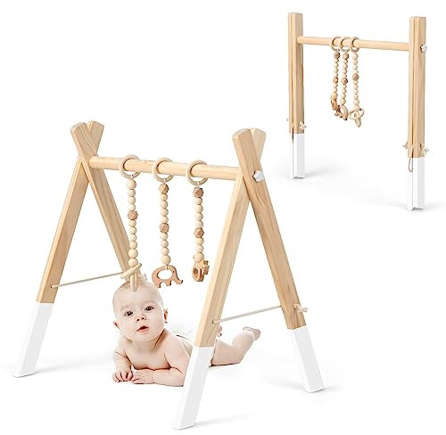 COSTWAY Baby Spielbogen Holz, Spieltrapez klappbar, Baby Gym mit 3 abnehmbaren Kinderspielzeugen, Spieltrapez für Babys über 3 Monate, Holzspielzeug zur Gehirnentwicklung (Weiß)