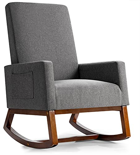 COSTWAY Relax Rocking Chair, Linen Fabric Upholstered Rocker Accent Chair with Solid Wood Legs and Side Pocket, Modern High Back Leisure Lounge Armchair for Living Room Bedroom Nursery (Grey)