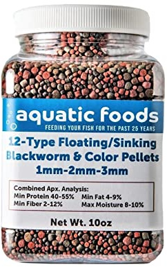 Aquatic Foods Inc. 12-Type Floating & Sinking Blackworm & Intense Coloring 1mm, 2mm, 3mm Pellets for Discus, Cichlids, All Tropicals, Koi and Pond Fish...10oz Small Jar