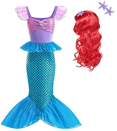 Lito Angels Mädchen Meerjungfrau Kostüm Kleid mit Zubehör, 2-9 Jahre | Spaghettiträger, Paillettenschleife, Fischschuppenmuster, Perücke, Halloween Verkleidung, Geburtstagsparty