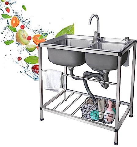 Lavandino da Esterno Giardino,Lavello in Acciaio Inox Professionale,Lavandino da Campeggio Portatile,Lavello Cucina utilità 2 Vasca Commerciale,con Rubinetto,Componenti di Drenaggio,Supporto ( Color :