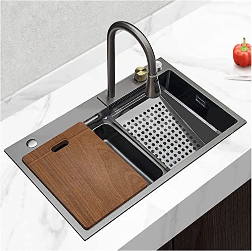 CATANK Home Küchenspülen Moderne Schwarze Einbau-Küchenspüle 304 Edelstahl Nano Raindance Wasserfall-Einzelbeckenspüle mit Tassenwaschbecken und ausziehbarem Wasserhahn Unterbau-Waschbeck