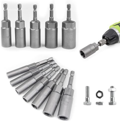 12 Stück Steckschlüssel, 6-19mm Stecknuss Adpater Nuss Set, lang sechskant bit stecknüsse, 1/4 Sechskant Stecknuss Set Verarbeitungstiefe 34mm für Schrauber Anschrauben Schraubenschlüssel
