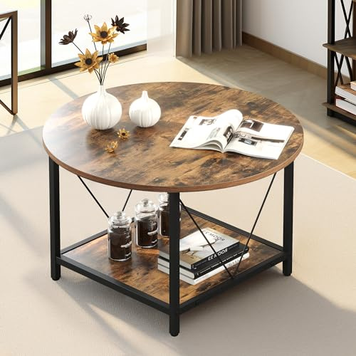YITAHOME Runder Couchtisch, 80x80x46cm Rustikaler Wohnzimmertisch aus Holz für Wohnzimmer mit Ablage, Moderner Bauernhaus Couchtisch mit Stabilen Metallbeinen, Heimmöbel