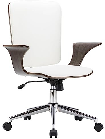 YUHI-HQYD Drehbarer,Lernstuhl,Home Office Stuhl,Frisiertisch-Stuhl,Sessel,Kosmetischer Stuhl,Chefsessel,Arbeitsstuhl,Gepolsterter Stuhl, für Schlafzimmer,Büro, Bürostuhl Weiß Kunstleder und Bugholz