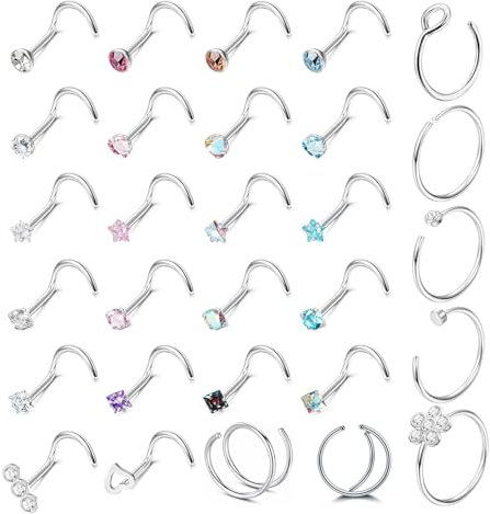 DGUSO 20G Nasenpiercing Steck, 29 Stück Nostril Piercing Stecker Set, Nasenstecker Silber Piercing Nase, Nasenpiercing Set, Nasenpiercing Schmuck für Damen Herren