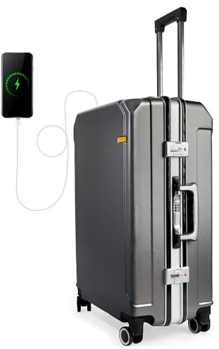 KOMPASS Koffer | Aluminium-Rahmen ohne Reißverschluss | Reisekoffer Set mit USB-Anschluss & Organizer-Set | Hartschalen-Trolley | XL - 26 Zoll (70x46x28 cm) 60 Liter - Grau