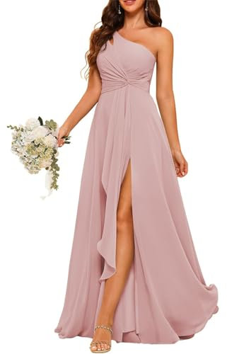 KURFACE WSX475 Robe de demoiselle d'honneur asymétrique en mousseline de soie avec longue robe plissée pour femme Rose poudré Taille 39