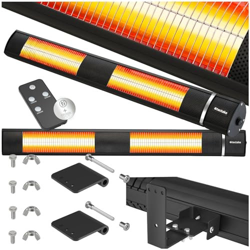 tectake® Calentador Infrarrojo Inclinable para Interiores y Exteriores, 3 Niveles de Potencia, Control Remoto, Aluminio Inoxidable, Calefactor Pared, Calefactor Bajo Consumo, Sin Pérdida de Energía