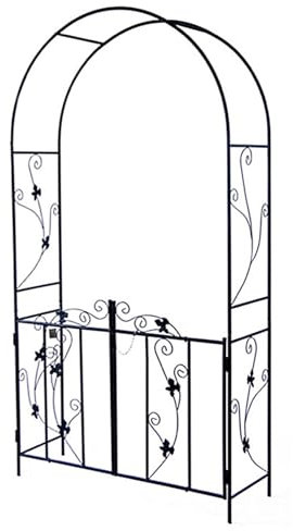 Gartenbogen mit Türen Rosenbogen aus Metall Torbogen Rankhilfe Rankgitter für Kletterpflanzen Gartenlaube mit 4 Bodenpfählen Hochzeitsbogen für Innen und Außen 110x37x214cm