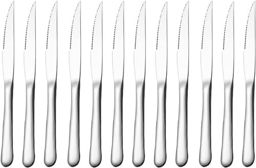 Allbasa Couteaux Steak, Couteaux de table et de cuisine en acier inoxydable, lame dentelée (Lot de 12pcs)