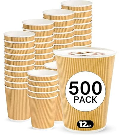 Ask Packaging Disposable Coffee Cups – 12oz x 500 Kraft Brown Ripple Paper Cups (340ml) – Eco Friendly Insulated Leakproof Hot Drink Cups – Ideal for Takeaways, Tea, Cappuccino, Travel, Picnic, Party