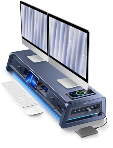 Vaydeer All-in-One Dual Monitor Stand Riser with 2 Drawers, 8USB Ports and Wireless Charging Pad with LED Light Strip for 2 Monitors , Desk Organizer for PC, iMac (Metal, 39.3 inches)