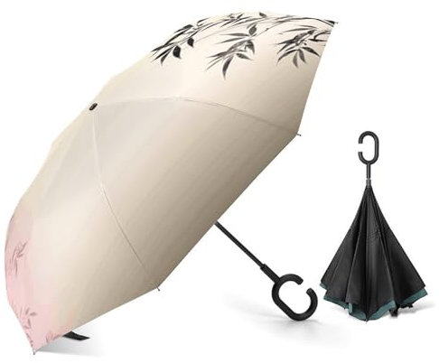 LQWOK Car Reverse Umbrella, Bamboo And Sakura Tree Zen Printed Reverse Umbrella,windproof Double-layer Folding Reverse Umbrella