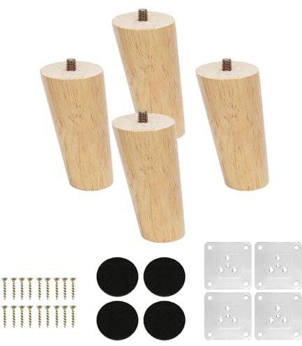 KINDPMA 4 Pezzi Piedini per Mobili in Legno 10cm Gambe Oblique Legno per Mobili con Piastre di Montaggio, Viti e Cuscinetti in Gomma Silenziosi per Divano, TV, Armadio, Letto, Tavolo