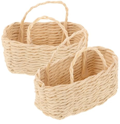Toyvian Mini Woven Baskets with Handles 2Pcs Dollhouse Wicker Storage Baskets for Fairy Garden Micro Landscape Pastoral Decor Beige 2X2In