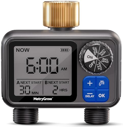 Temporizador de aspersor, temporizador de agua de riego programable con 2 entradas de latón para manguera de jardín, sistema de riego automático para patio, césped, retardo de lluvia